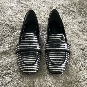 Tory Burch Black and White Flats with Striped Design
